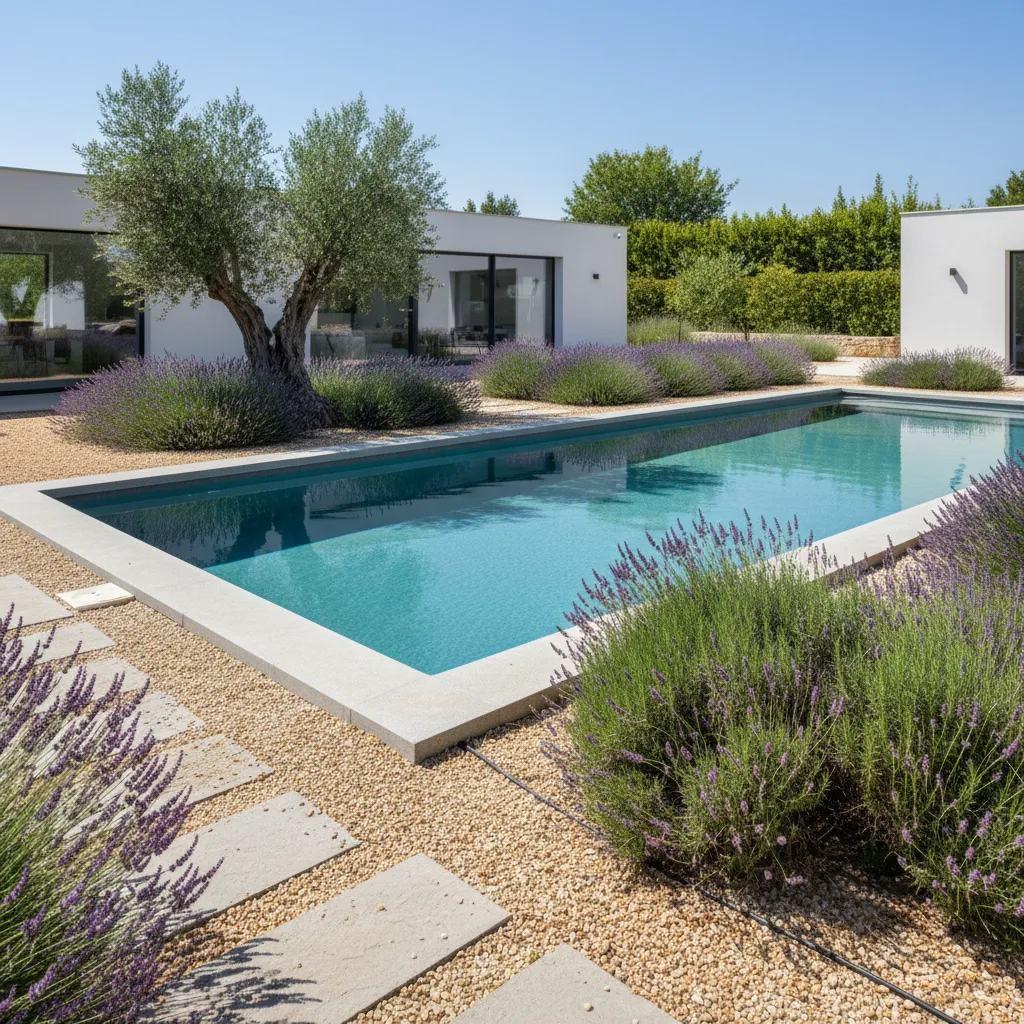 Jardín mediterráneo alrededor de una piscina moderna