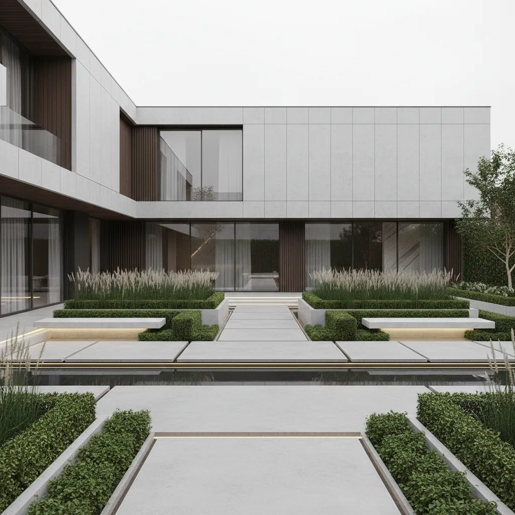 Jardín minimalista con líneas rectas y vegetación controlada