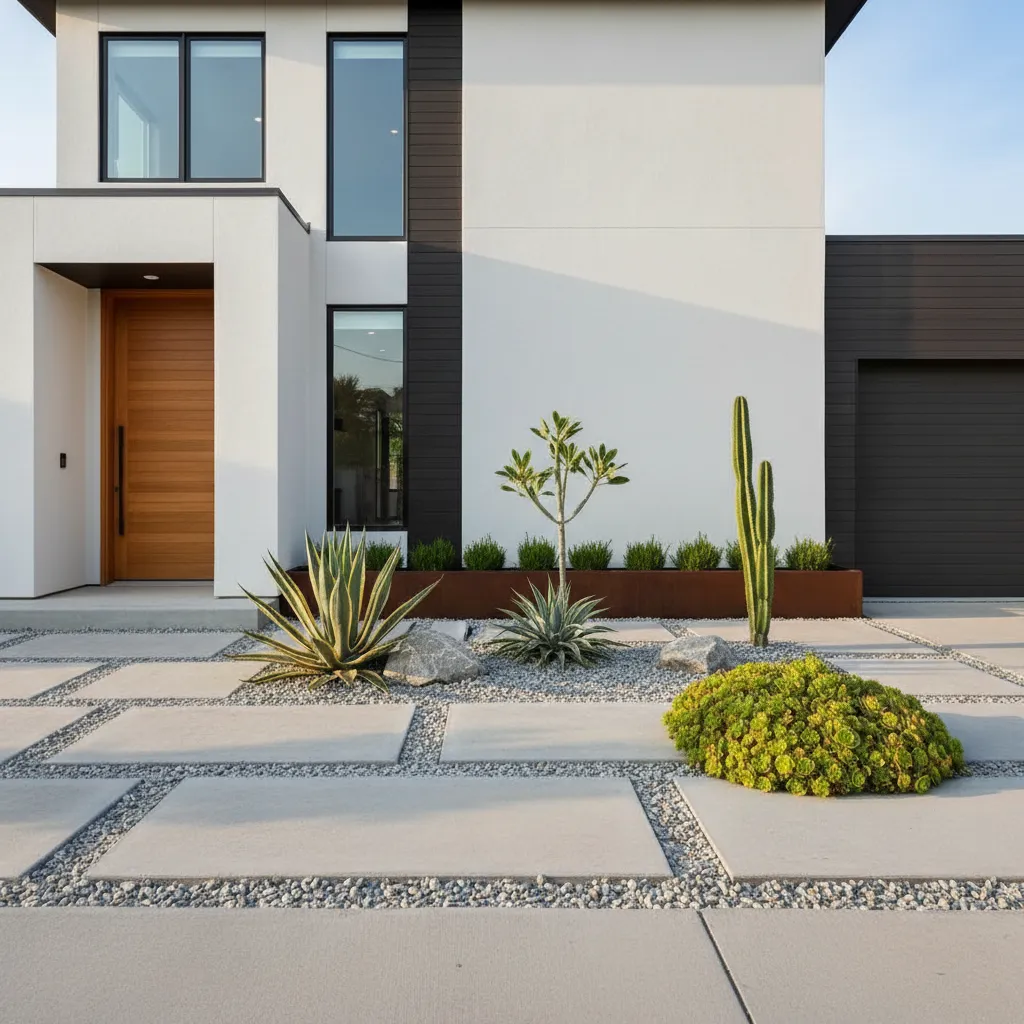 Jardín frontal minimalista con grava decorativa y pocas plantas