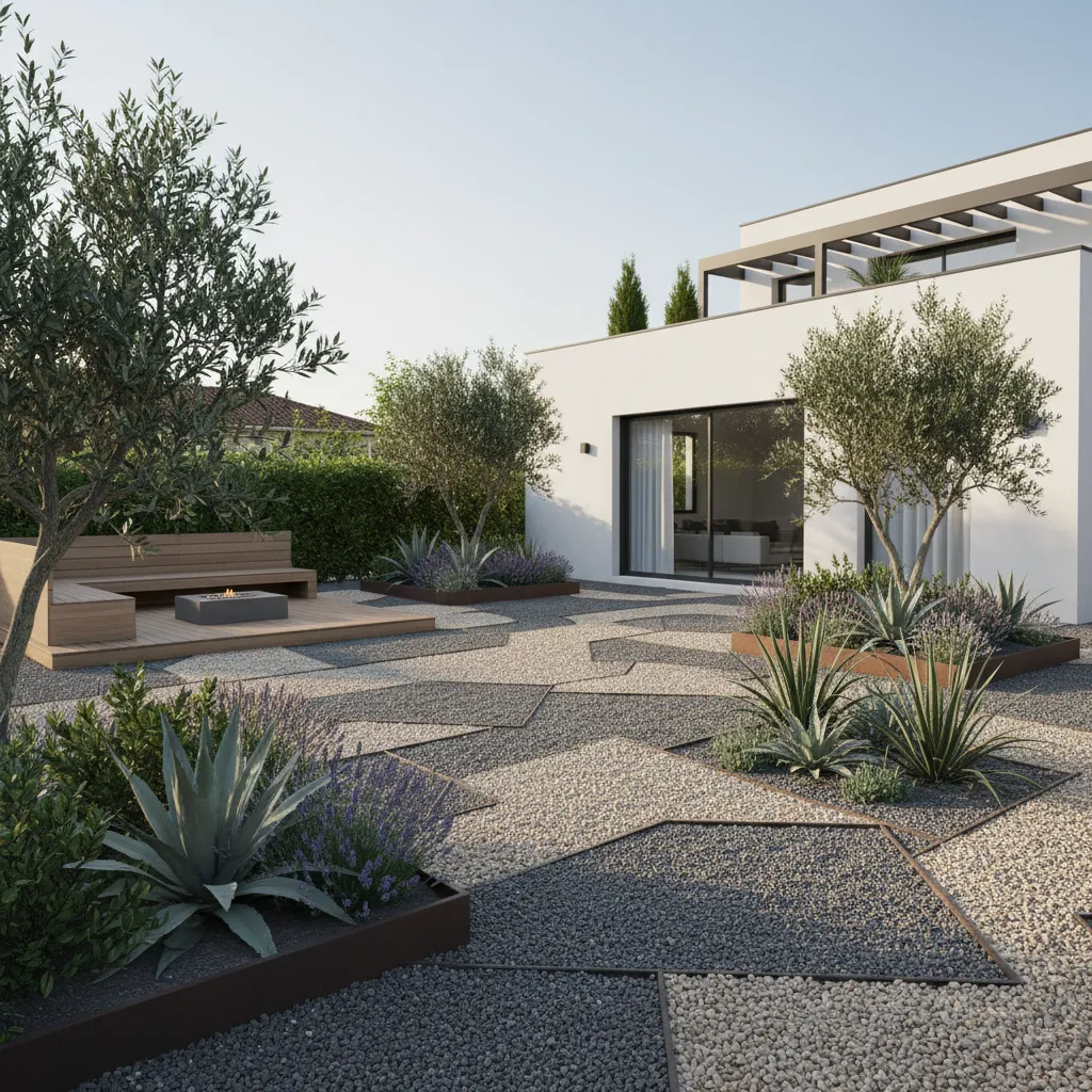 Jardín moderno con plantas mediterráneas y bajo mantenimiento