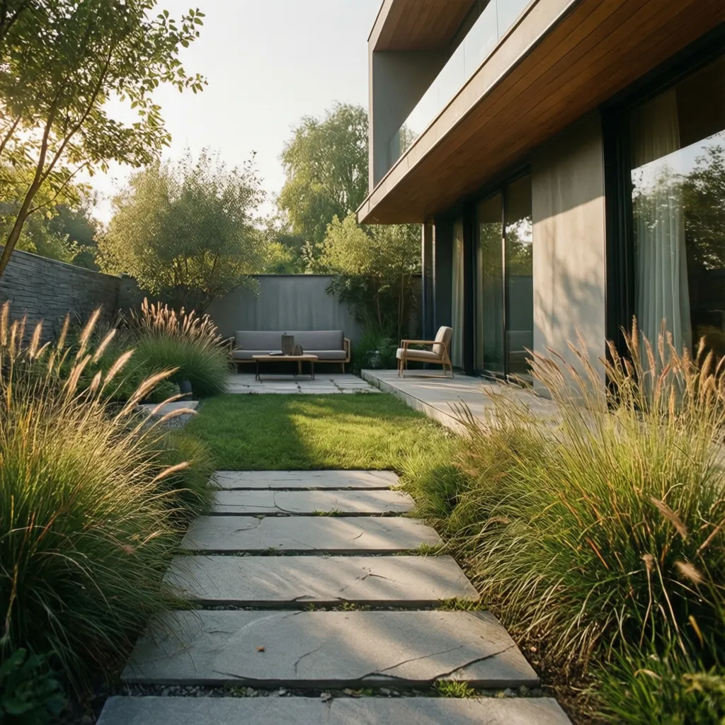 Jardín minimalista con caminos de piedra y vegetación simple
