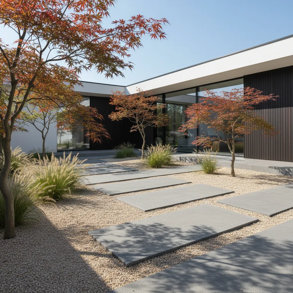 Jardín moderno minimalista con grava, césped y pocas plantas