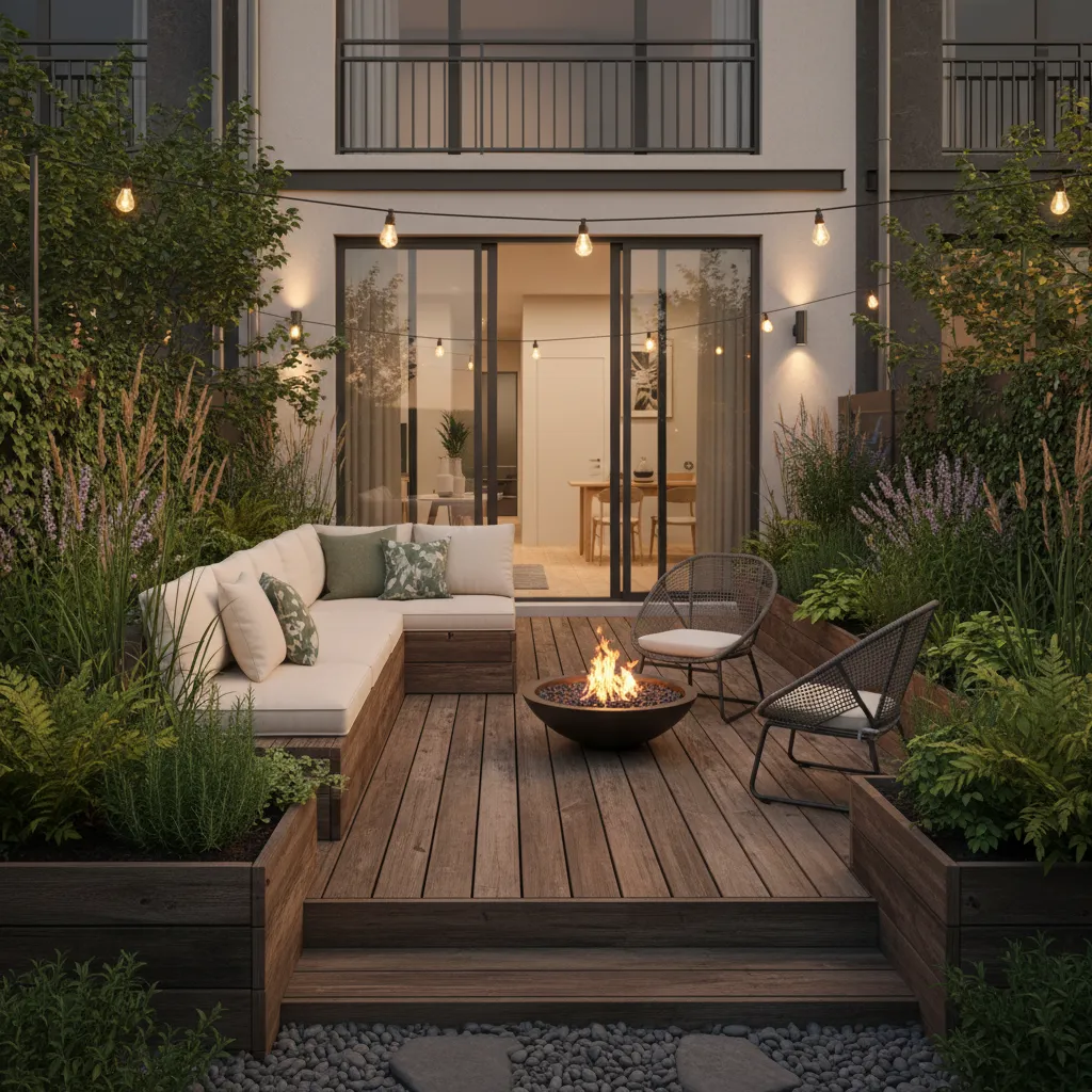 Pequeño jardín urbano con terraza funcional y jardineras