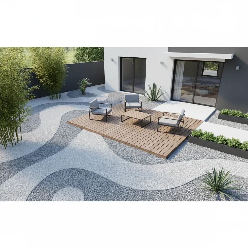 Pequeño jardín moderno con grava decorativa y pocas plantas