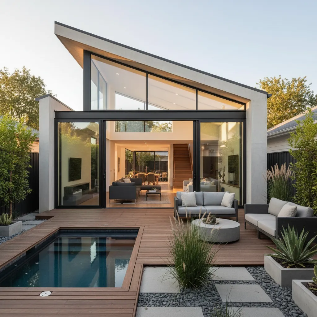 Pequeño jardín con piscina en una casa moderna de parcela de 200 m2