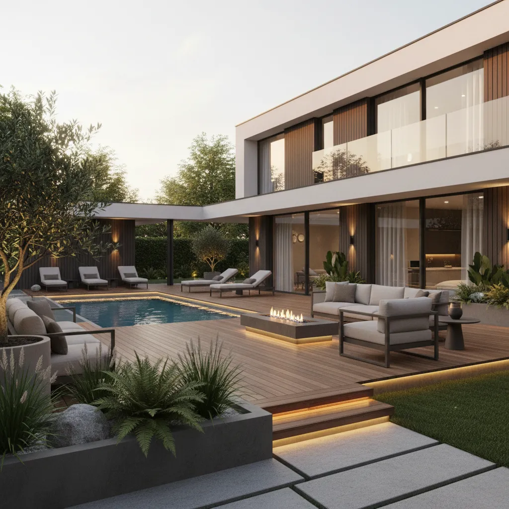 Jardín con piscina en una casa moderna con terreno amplio