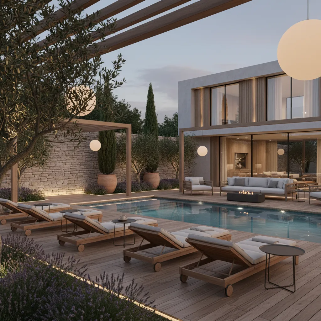 Jardín moderno con piscina y zona lounge exterior