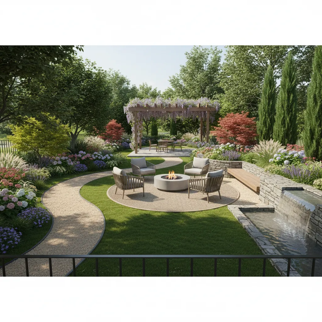 Diseño 3D de jardín con caminos, plantas y zona de descanso