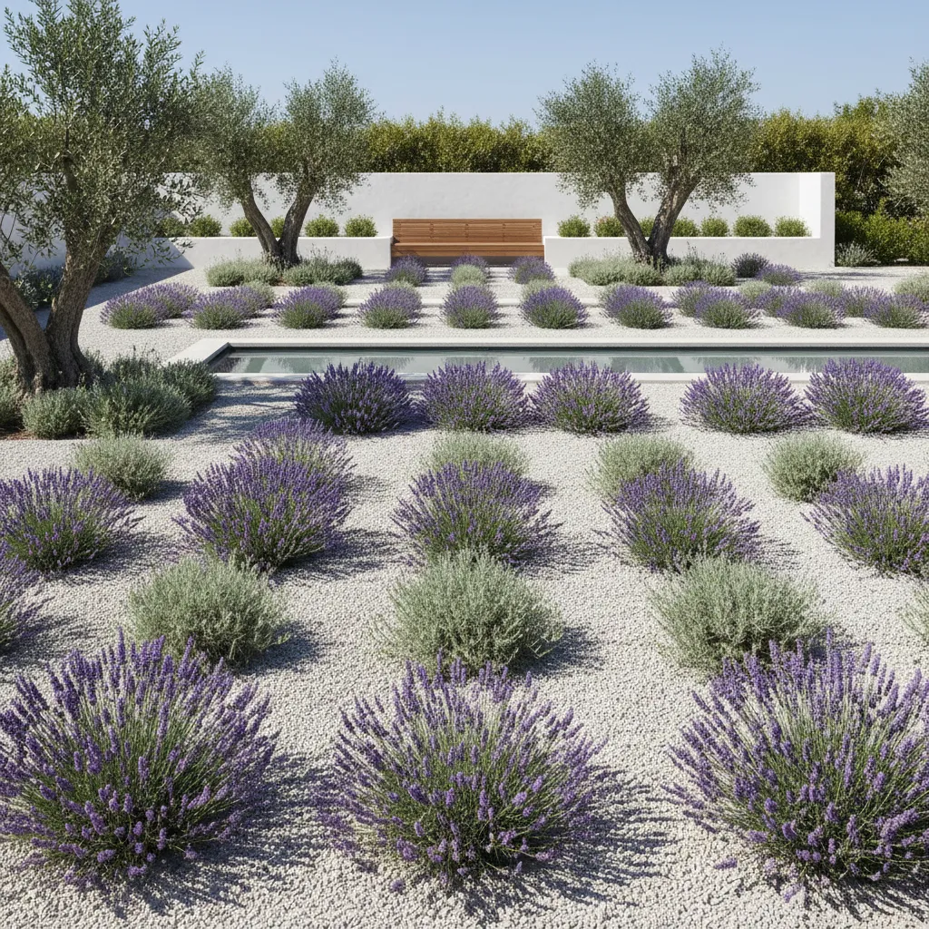 Jardín minimalista con grupos repetidos de lavanda y arbustos