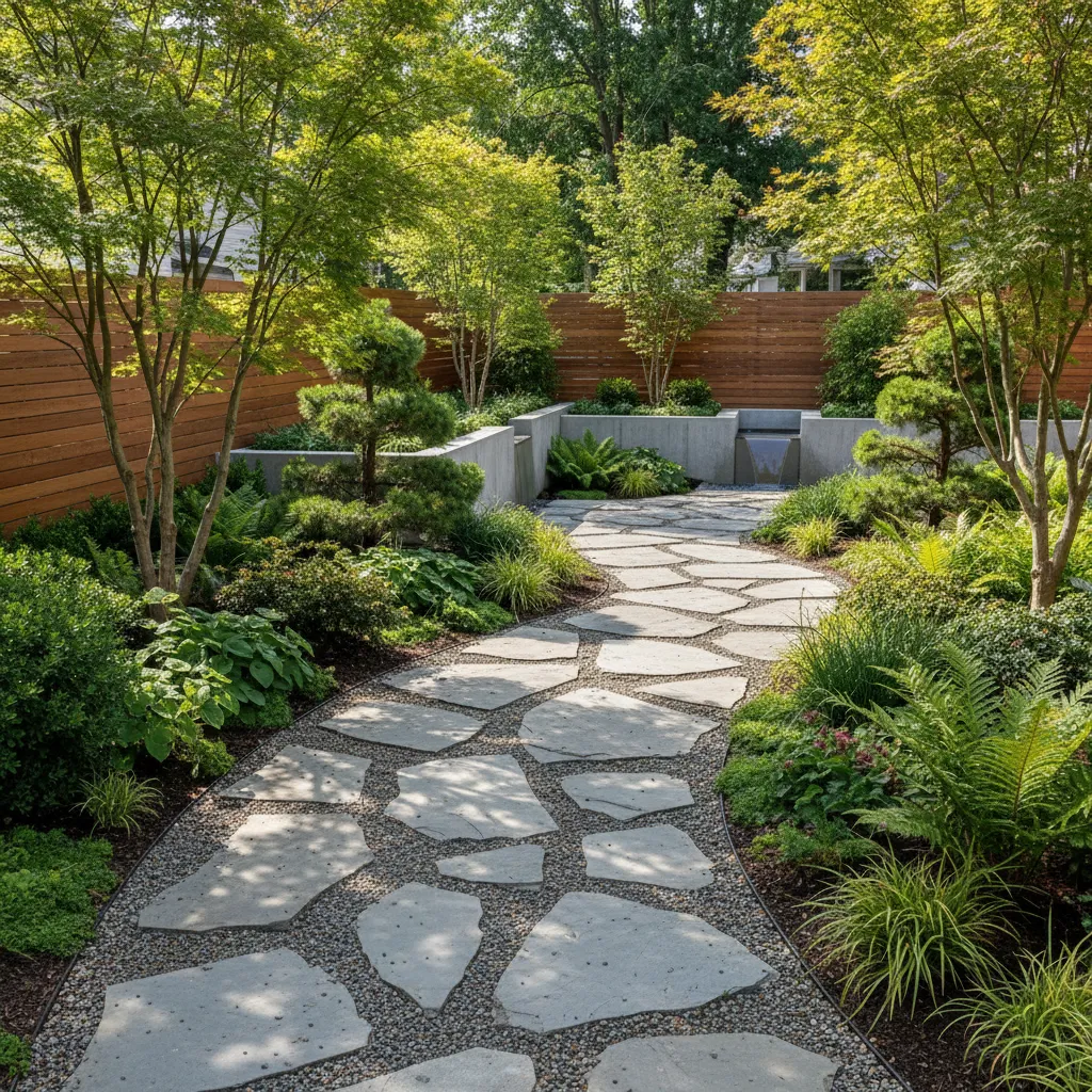 Jardín de casa con camino de piedra rodeado de plantas y arbustos