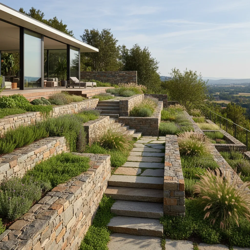 Jardín en terrazas en un terreno inclinado junto a una casa moderna