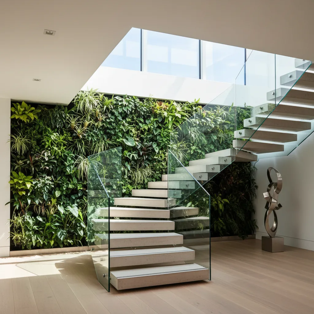 Jardín vertical con plantas en la pared de una escalera interior
