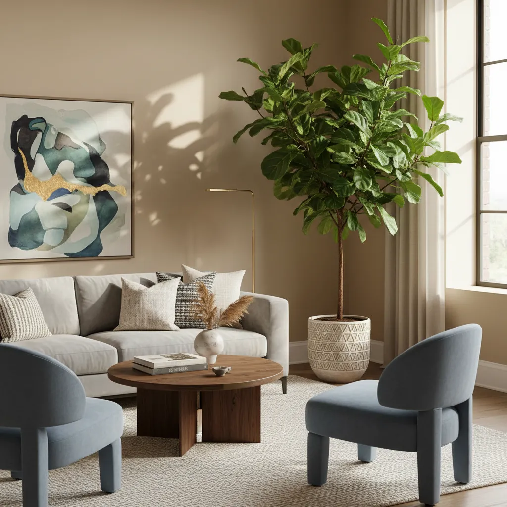 Living room corner featuring grey sofa wooden coffee table blue chairs and large potted tree