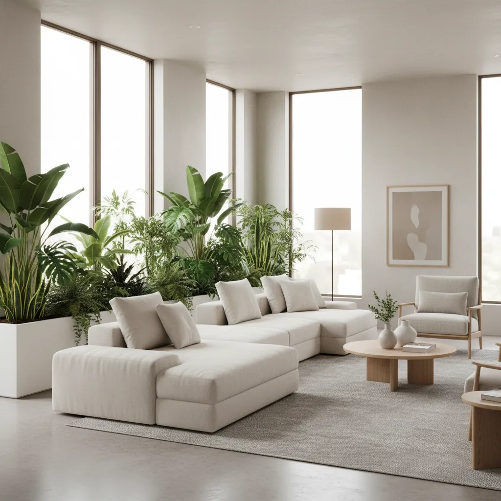 Bright living room with long white sofa, green plants behind, large windows, and wooden table
