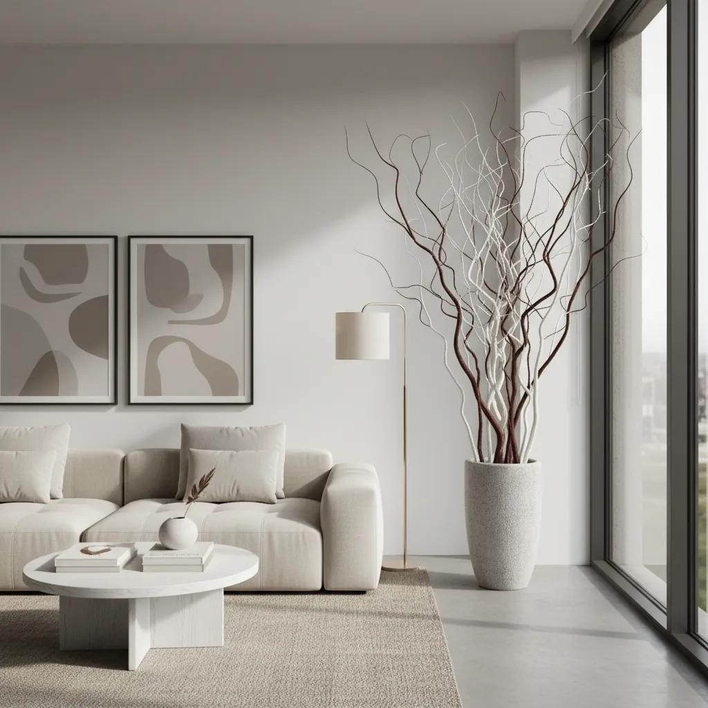 Beige sofa and white coffee table in modern living room with tall wavy decorative branches