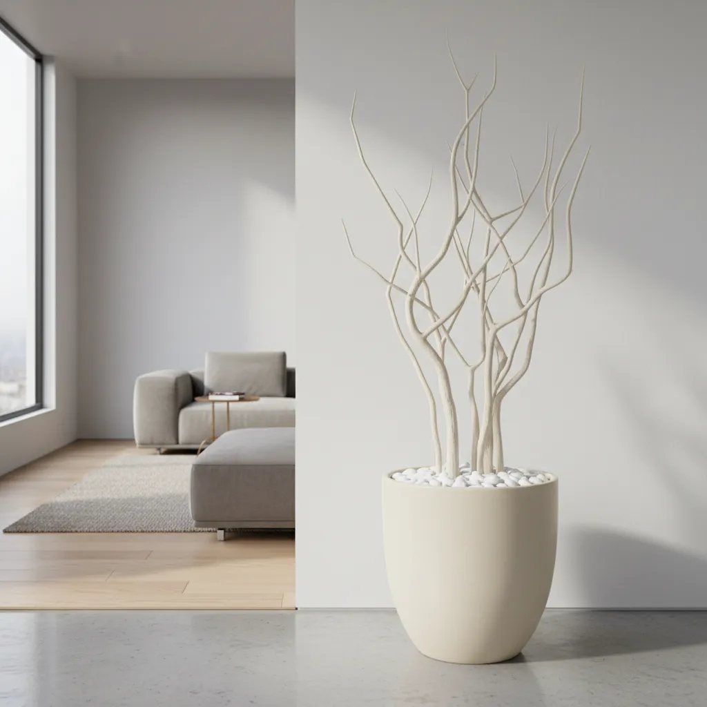 Bright room with white pot holding decorative stones and dry branches on smooth gray floor