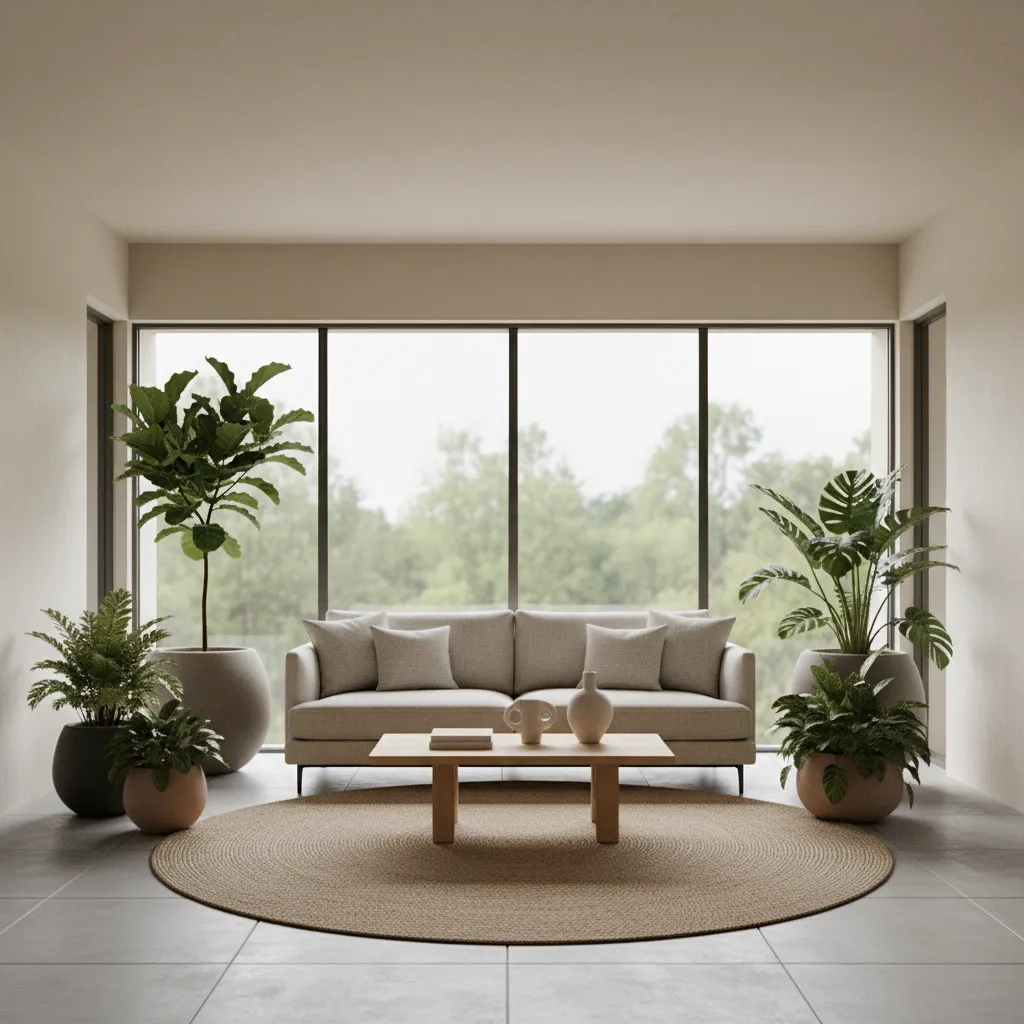 Minimalist living room with beige sofa, large windows, round rug, wooden table, and potted plants