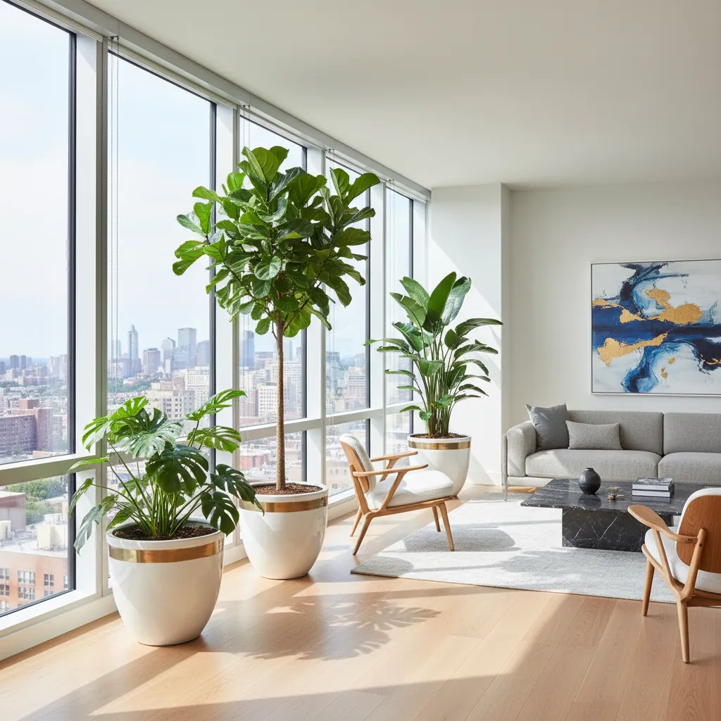 Bright modern living room with large floor windows showing city view and big indoor plants