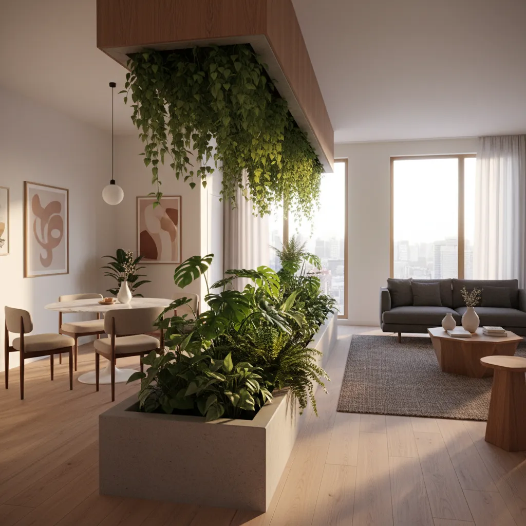 Modern open room layout with concrete planter divider, hanging plants, dining table, and grey sofa