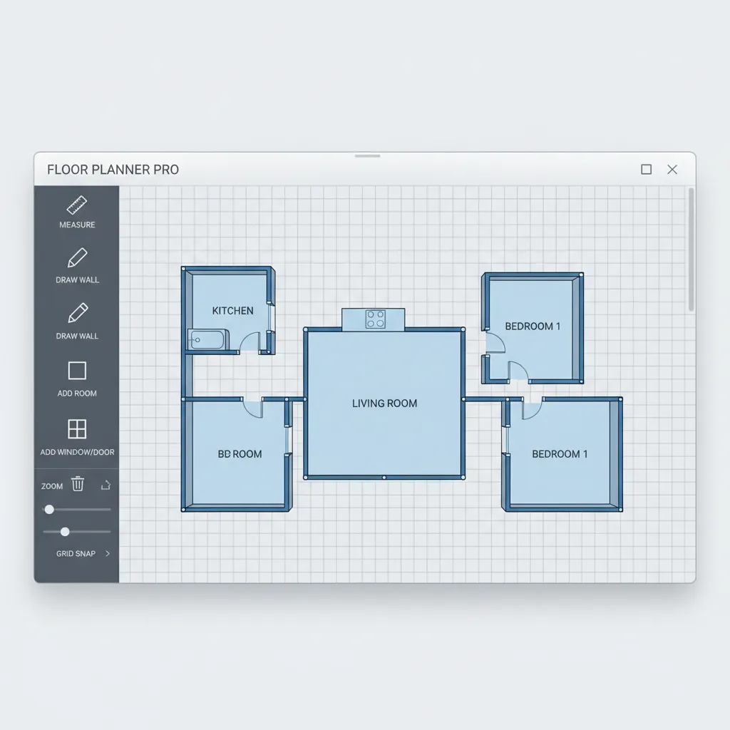 JavaFX floor plan editor interface with draggable rooms and grid