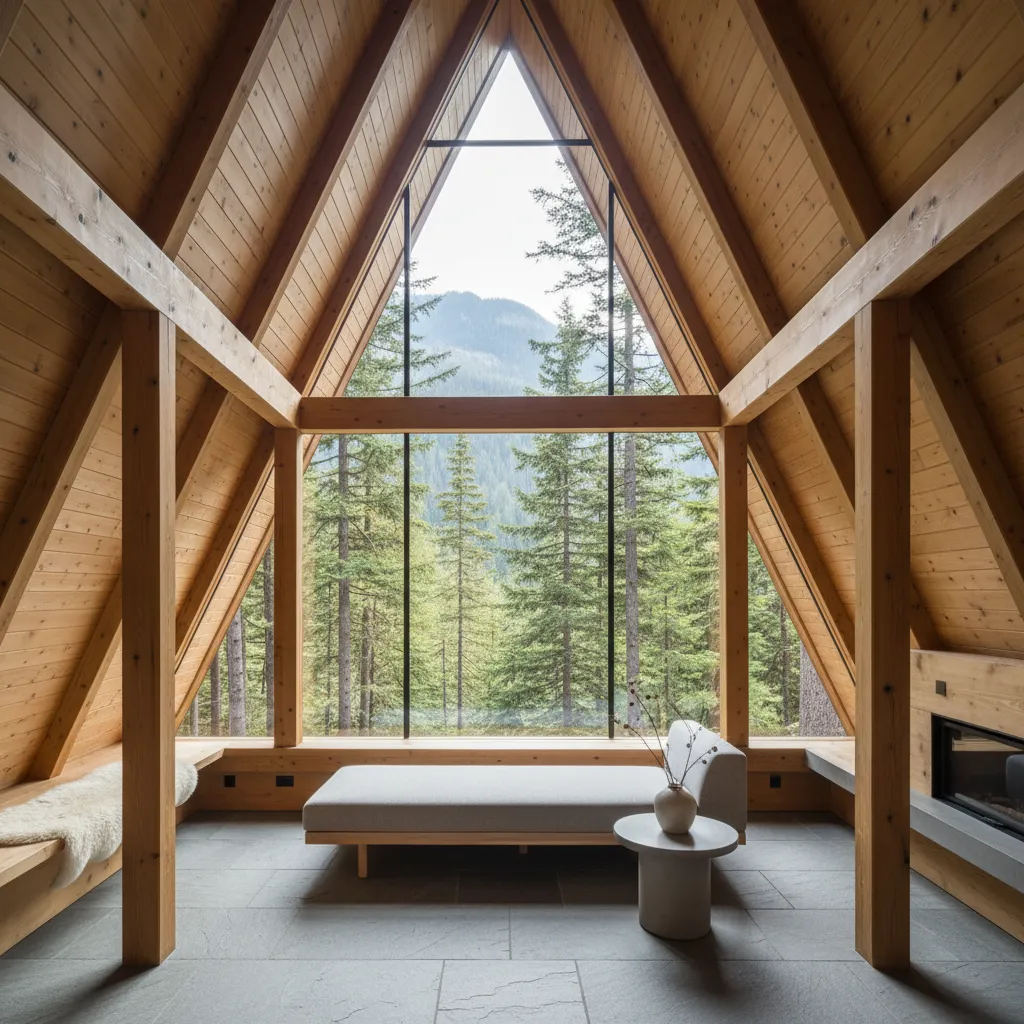 Jendela besar pada rumah segitiga dengan pemandangan alam