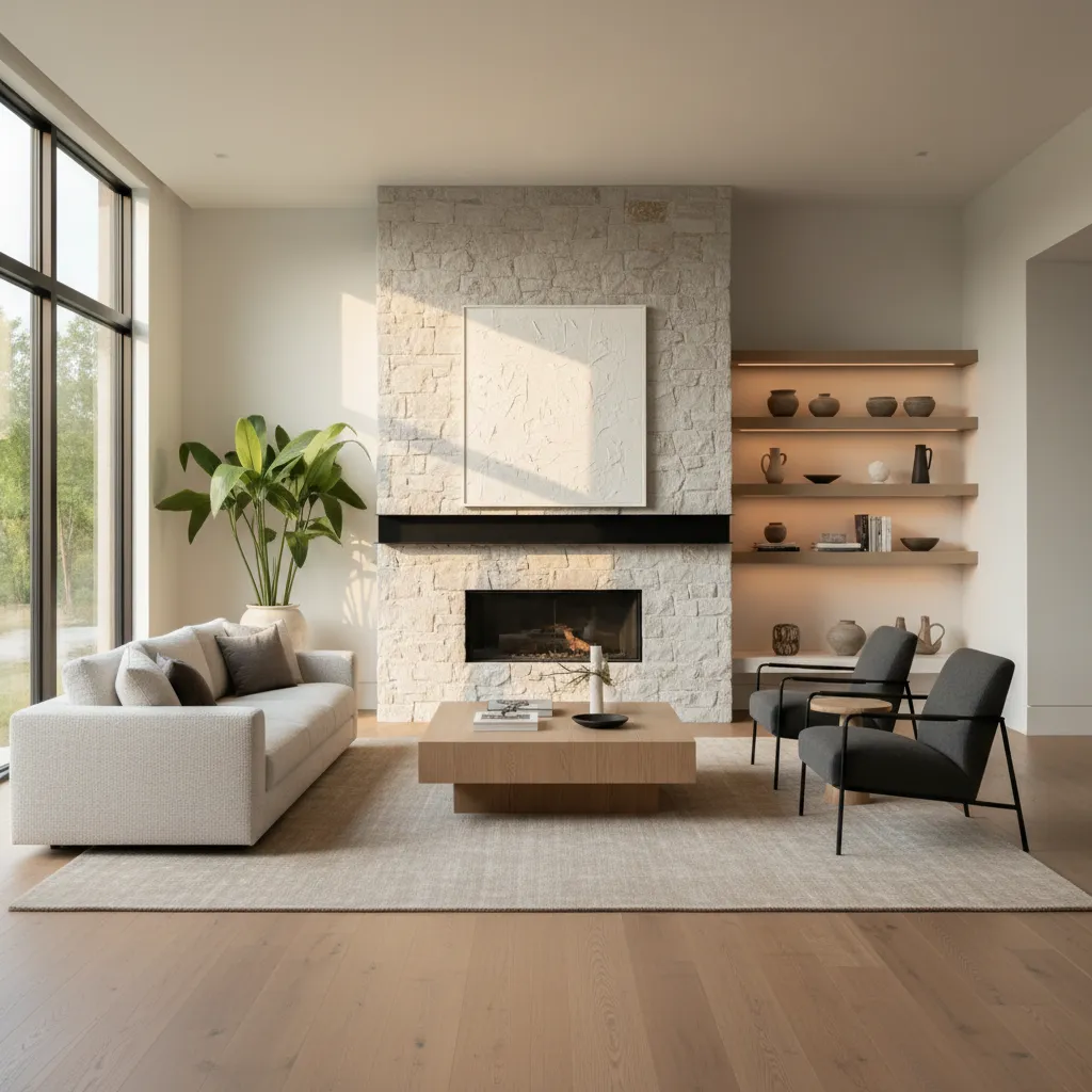 Modern living room with stone fireplace white sofa two grey chairs wooden coffee table plant