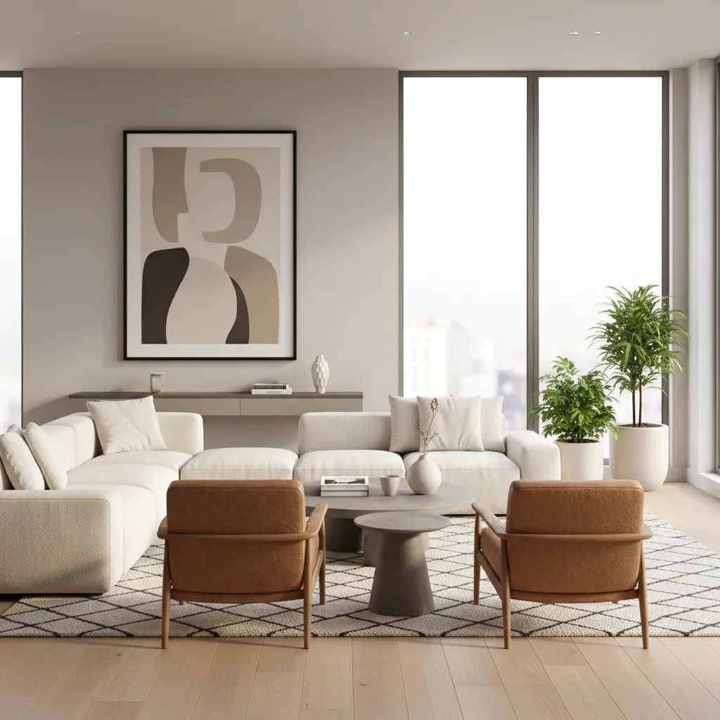 Salón con punto focal claro en el sofá y decoración mínima