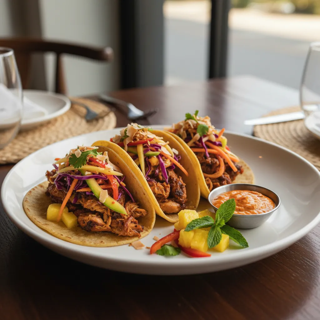 Jerk chicken fusion tacos with tropical garnish