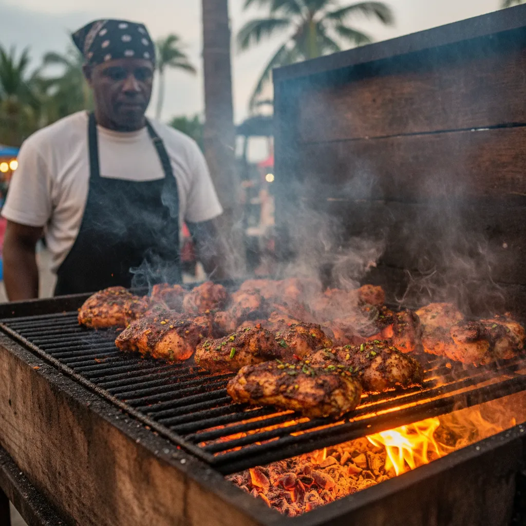 Chef grilling traditional jerk chicken over open flame with Caribbean spices