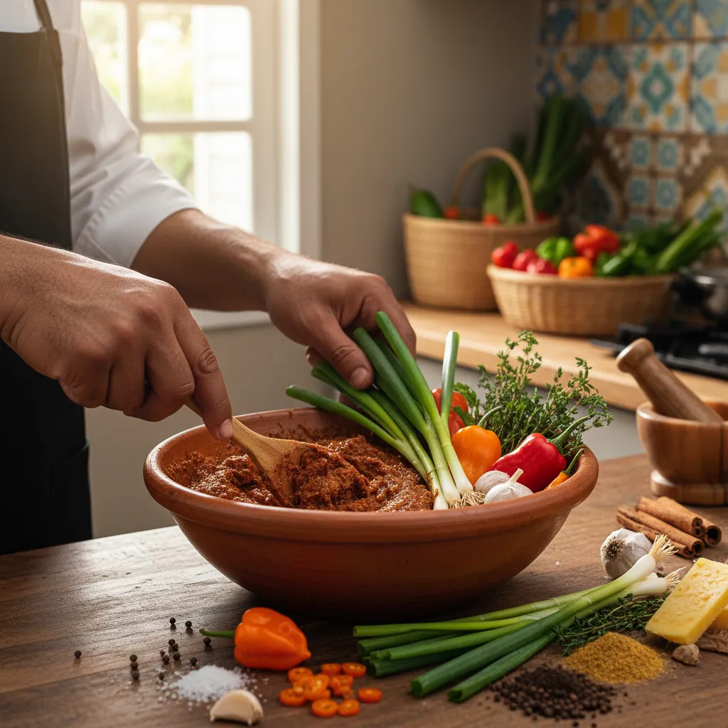 Chef preparing jerk marinade with spices herbs and peppers in Caribbean kitchen