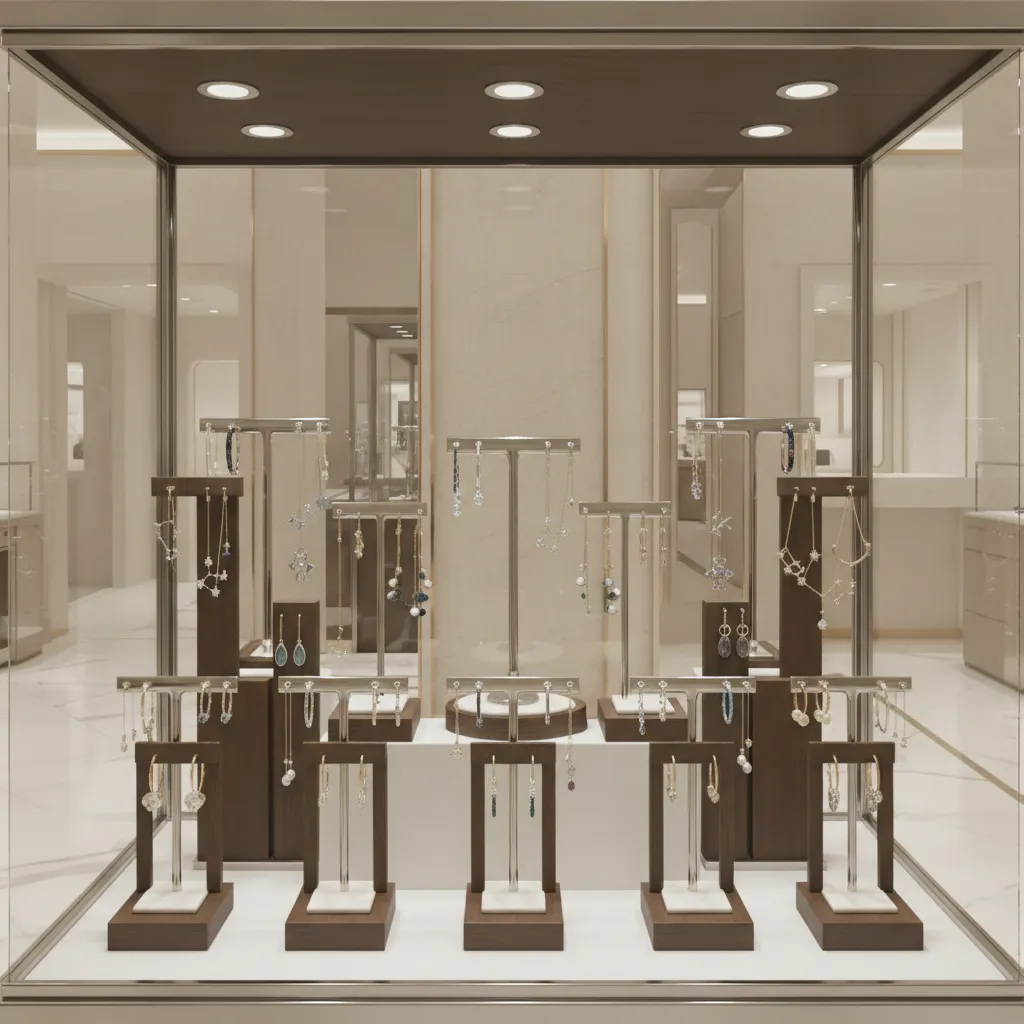 Glass jewelry display case with illuminated earring stands and spotlights