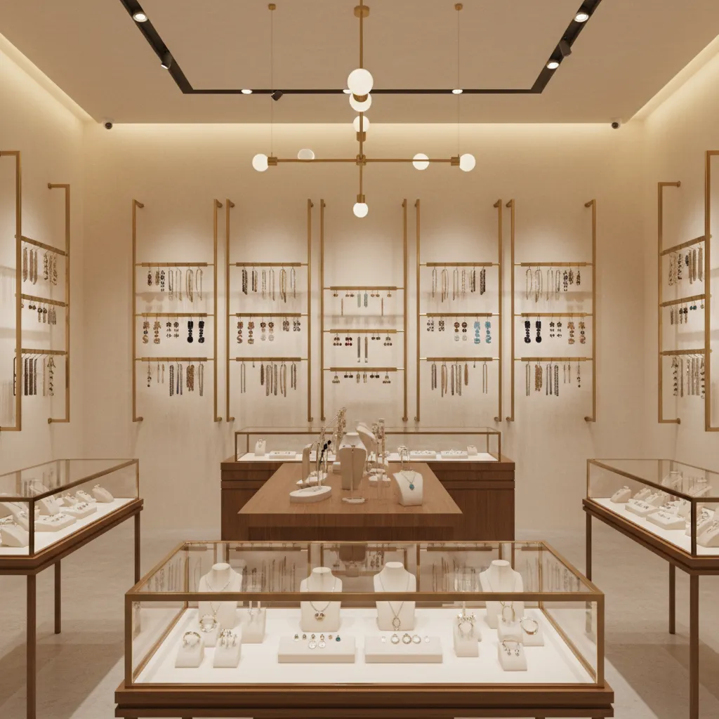 jewelry store layout combining wall racks and counter earring displays