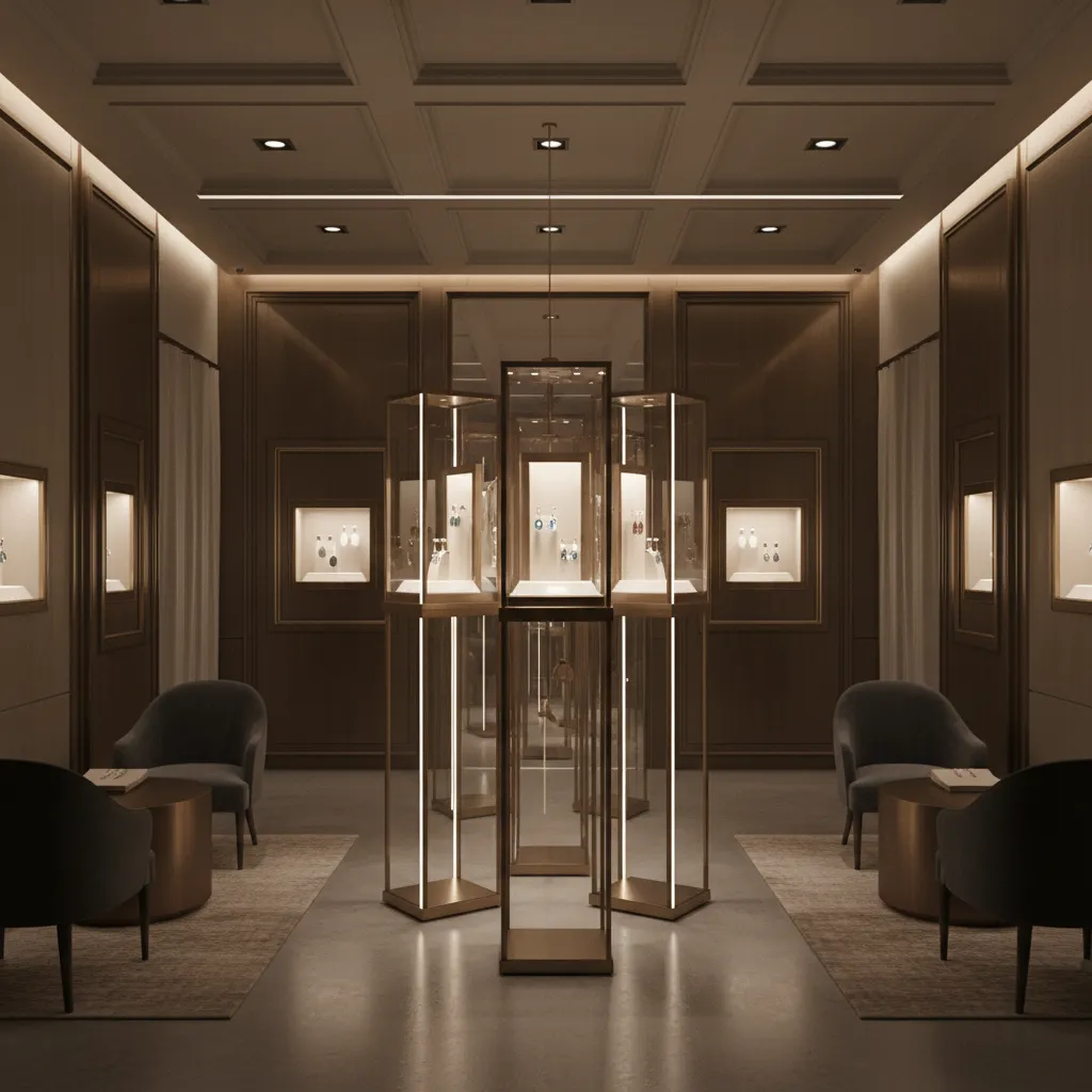 Jewelry store interior showing contrast between ambient and display lighting