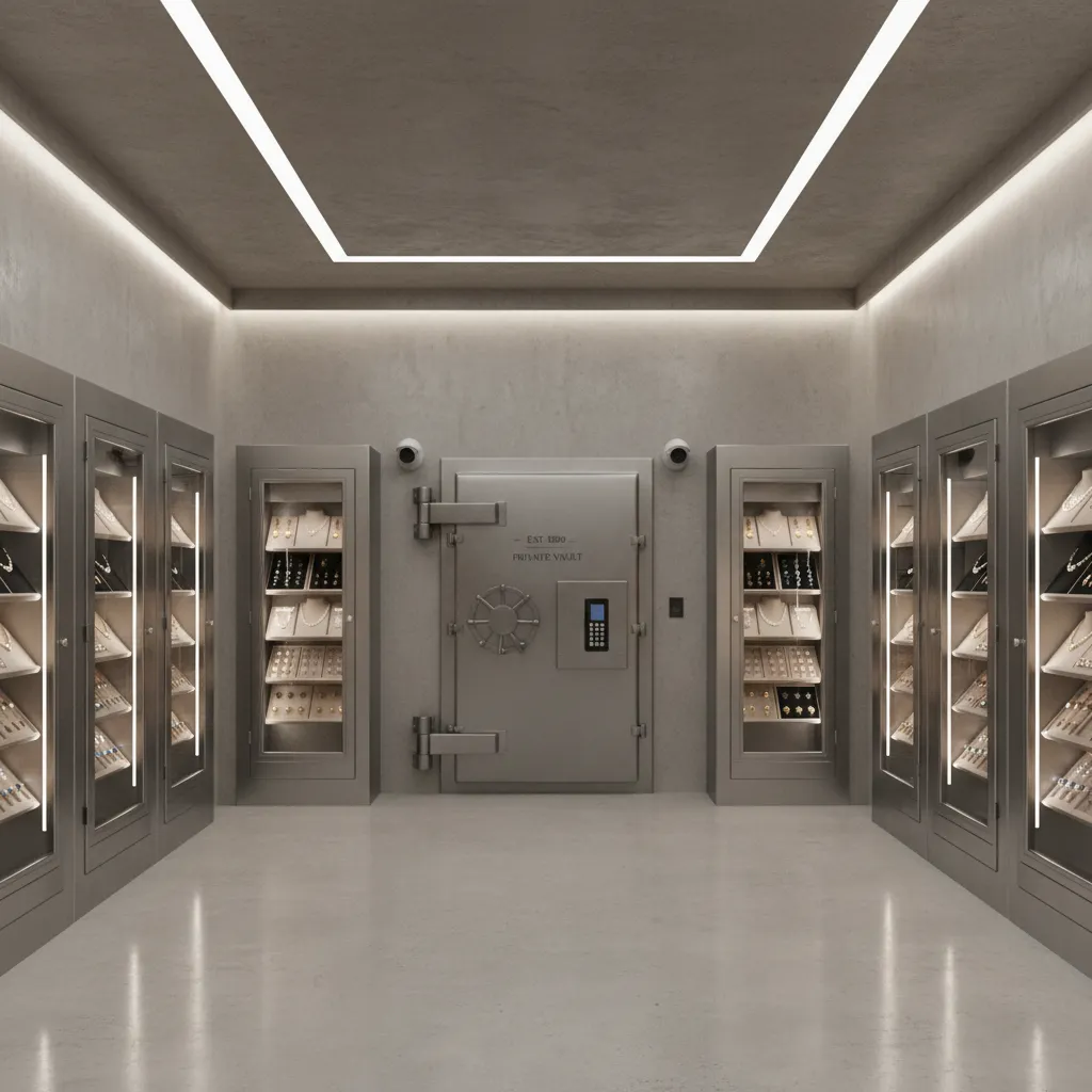 Jewelry store vault room with secure storage safes and organized inventory trays