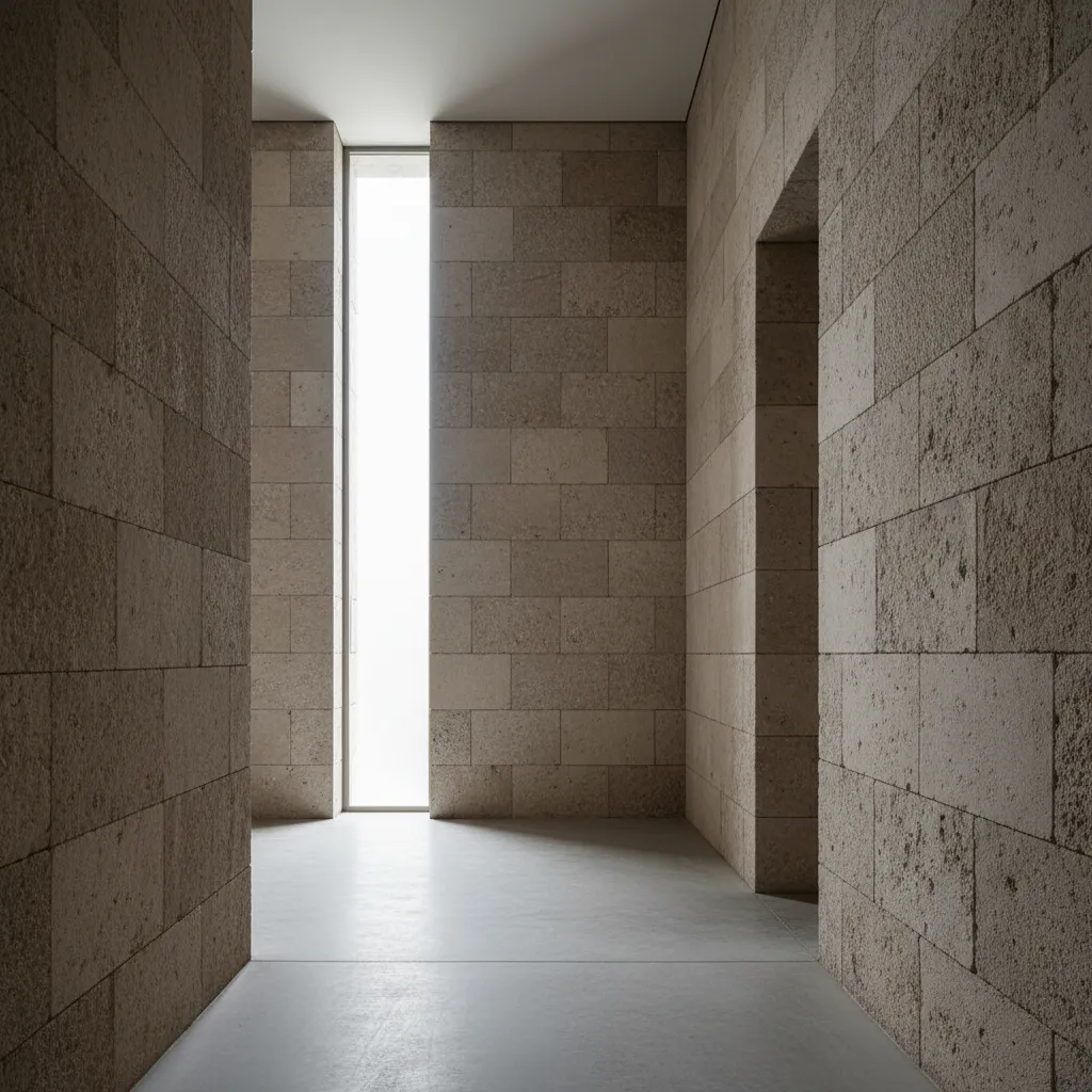 Empty hallway with light brown stone walls tall narrow window and bright sunlight on floor