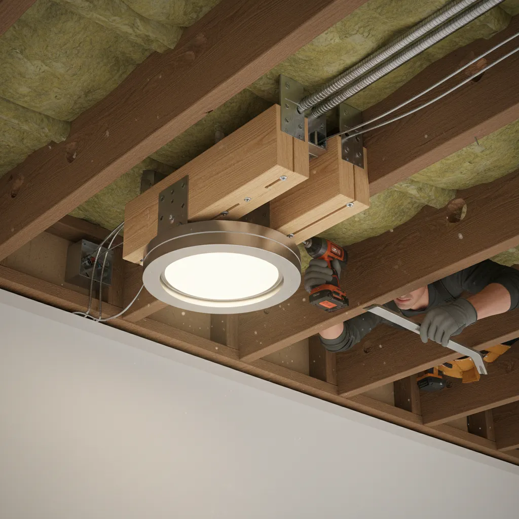 Ceiling cavity showing recessed light housing attached to joist with tools