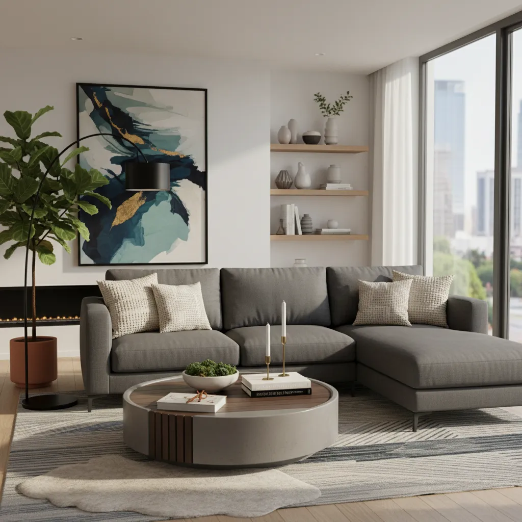 Diseño virtual de sala moderna con muebles y decoración