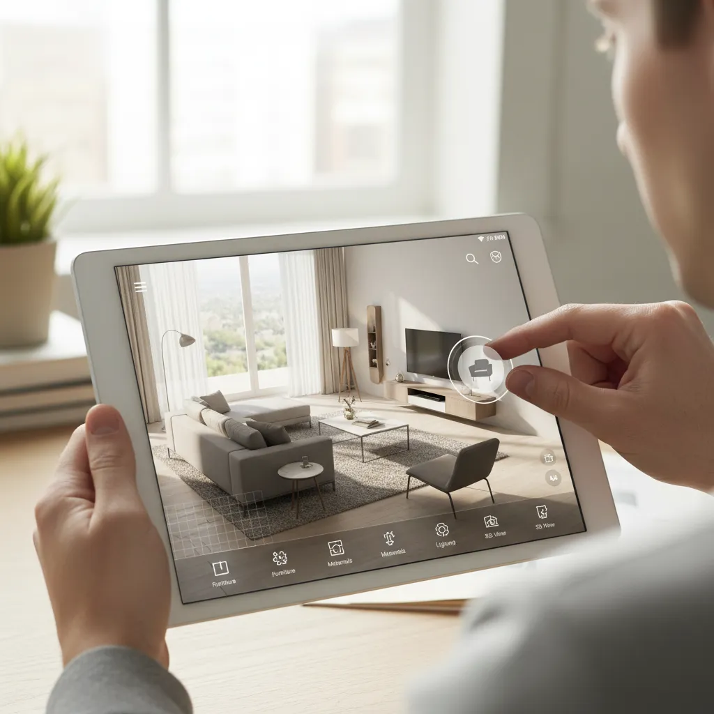 Aplicación de diseño de interiores mostrando una habitación virtual