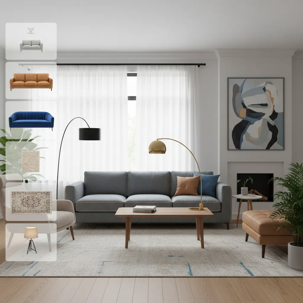 Pantalla de juego mostrando la decoración de una sala con diferentes muebles