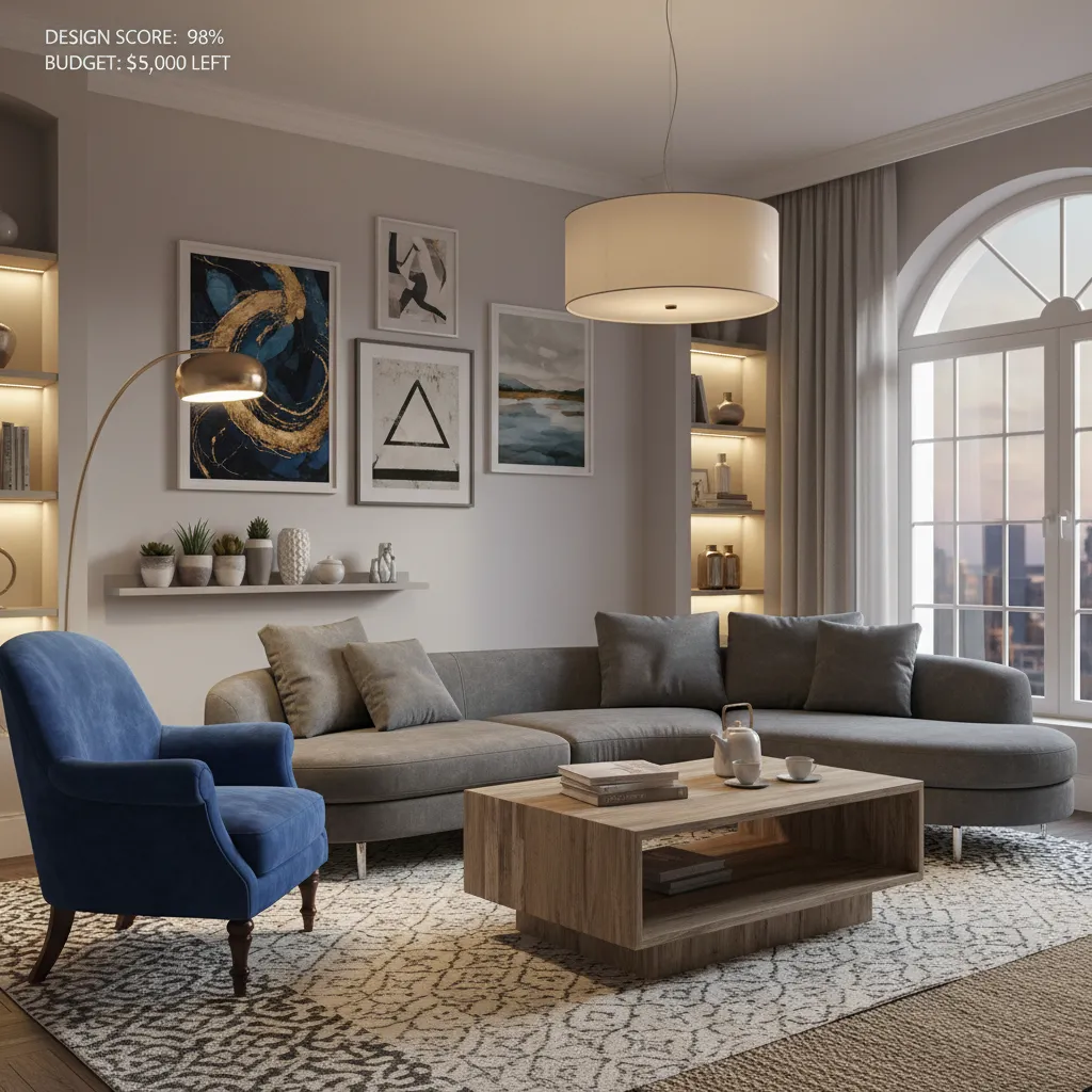 Escena de un juego de decoración mostrando un salón con diferentes estilos de muebles
