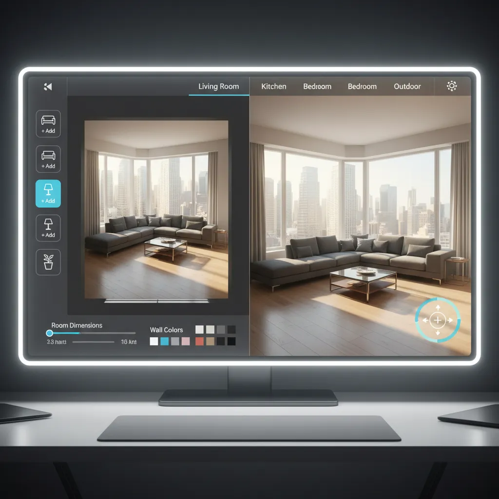 Interfaz de un juego de diseño de interiores mostrando un salón en 3D