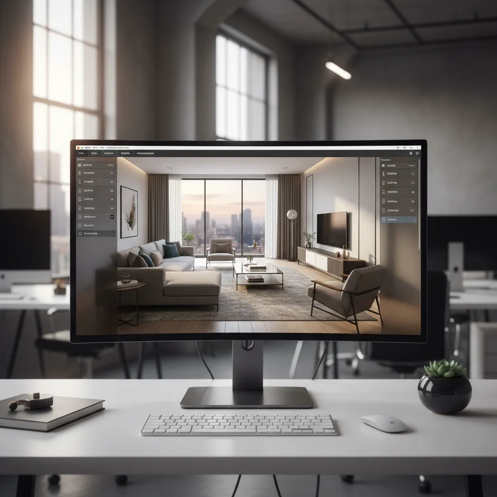 Computer monitor on white desk showing interior design software with modern living room layout design