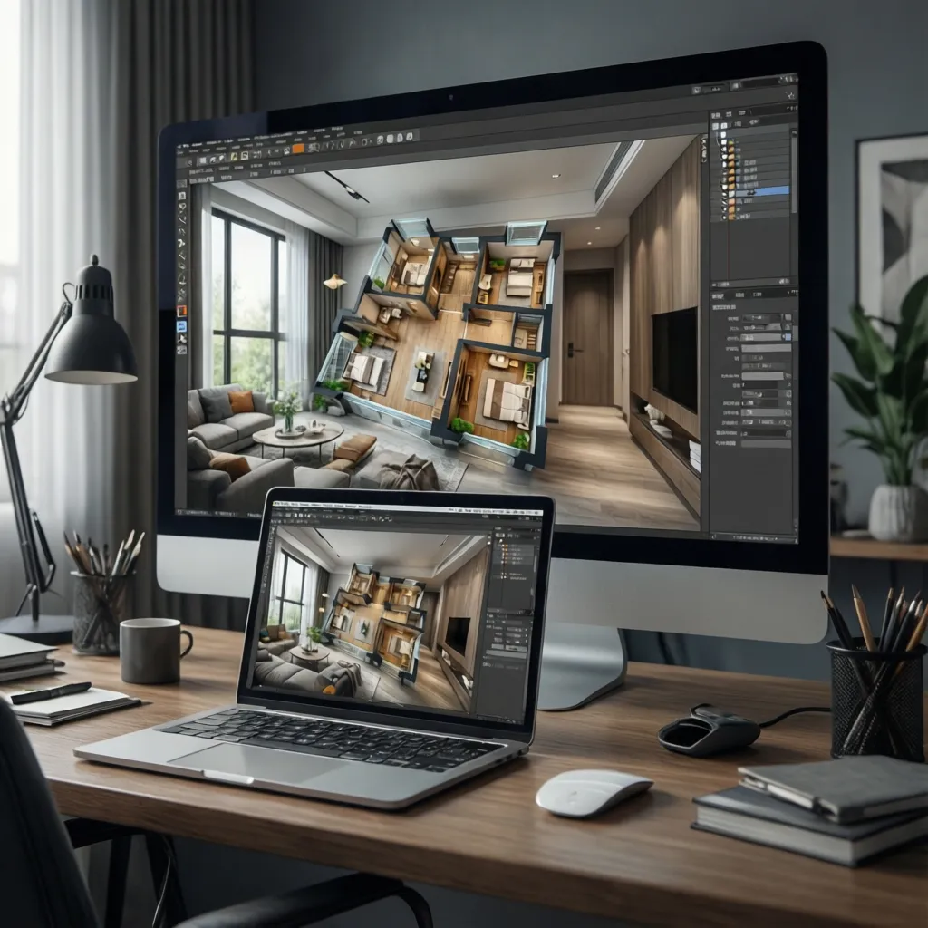 Computer screens showing interior design drawing of a house layout on a wooden office desk