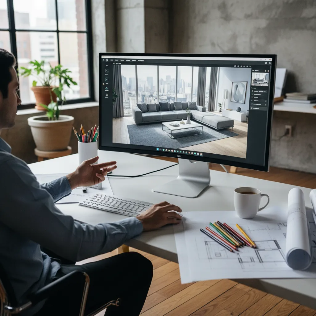 Male designer using a computer to create a living room interior design drawing with sofa