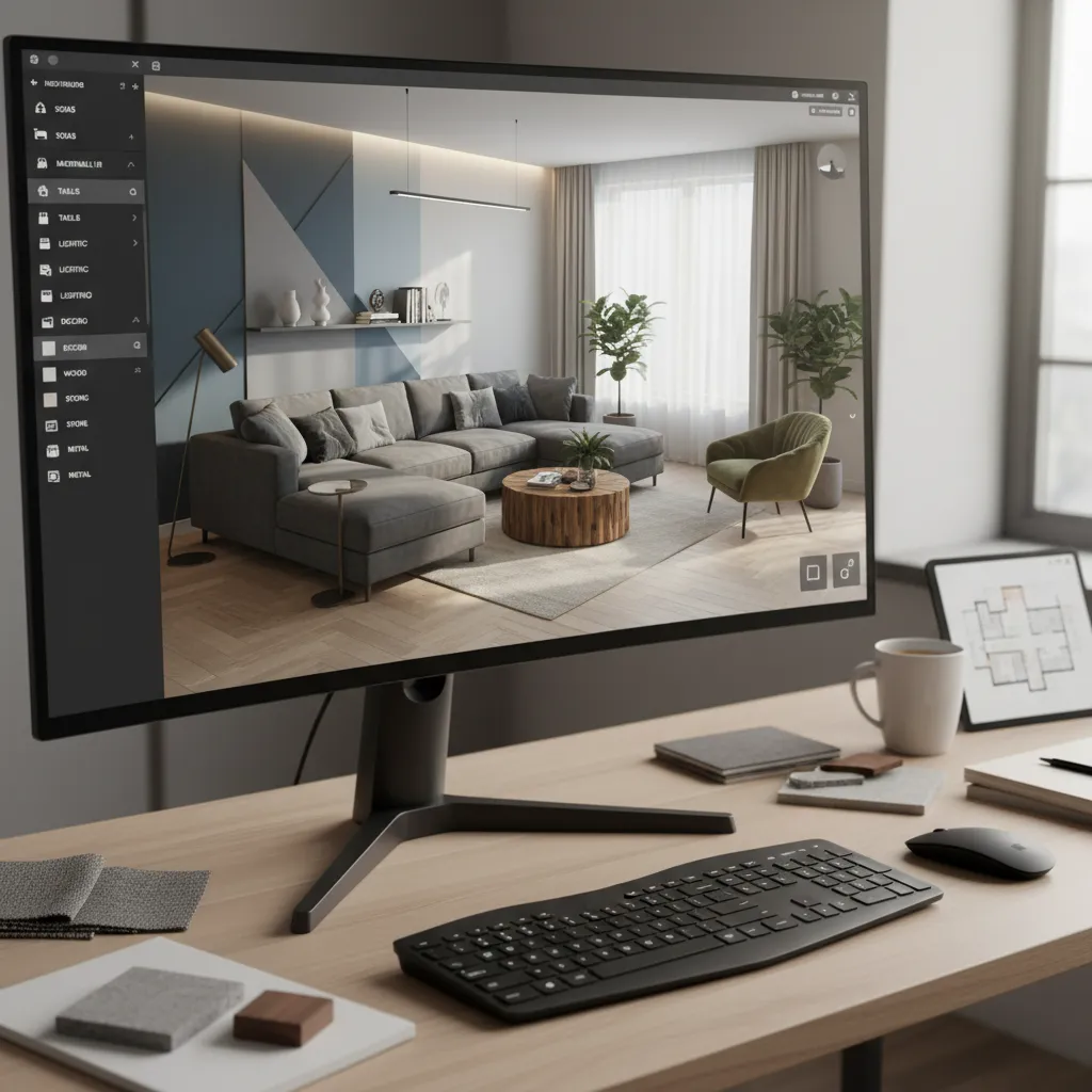 Computer monitor showing Coohom interior design software with grey sofa and wooden round coffee table