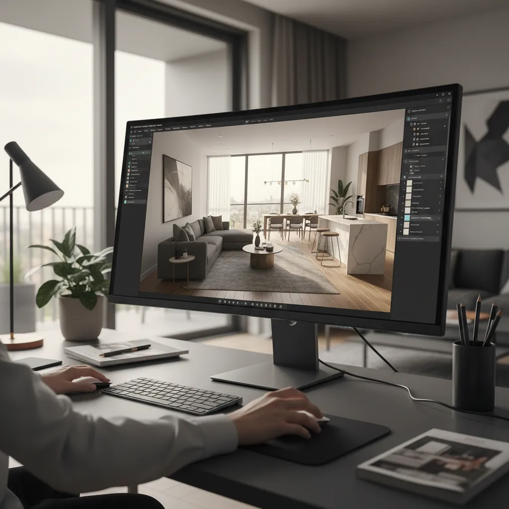 Designer using a computer to edit a living room interior design drawing with grey sofa