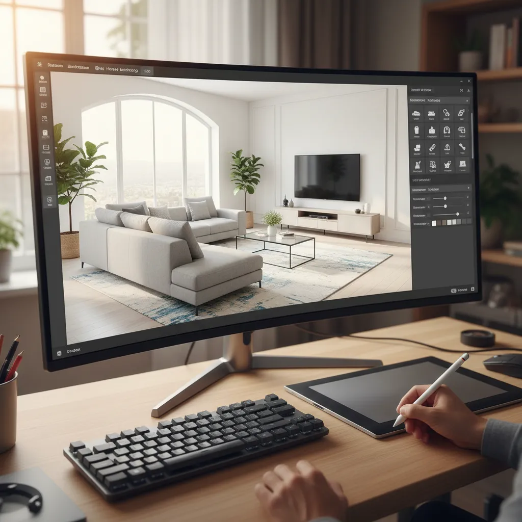 Designer using digital tablet to edit modern living room interior design on a large monitor