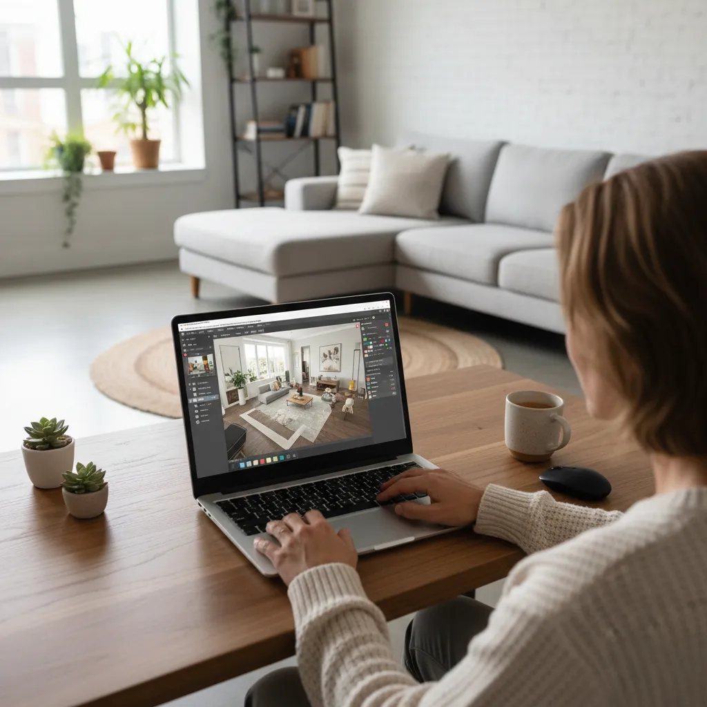 Woman using a laptop to design a room layout inside Coohom at a wooden desk