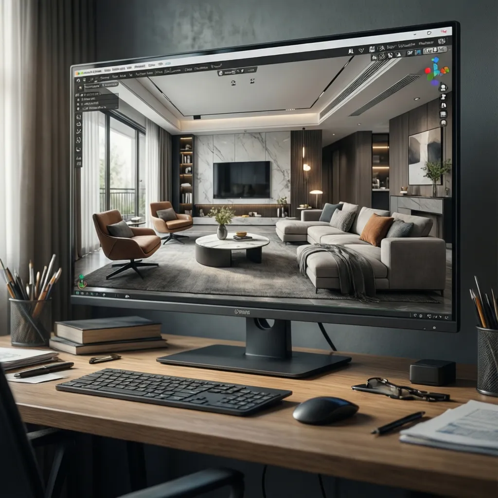 Desktop monitor on wooden desk showing modern living room interior design drawing using specialized software