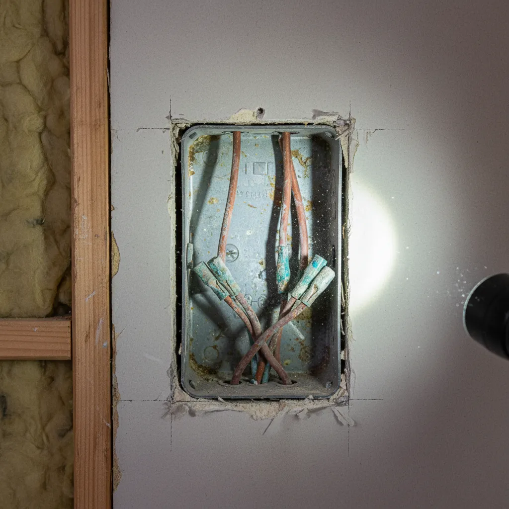 Electrical junction box showing corrosion caused by humidity
